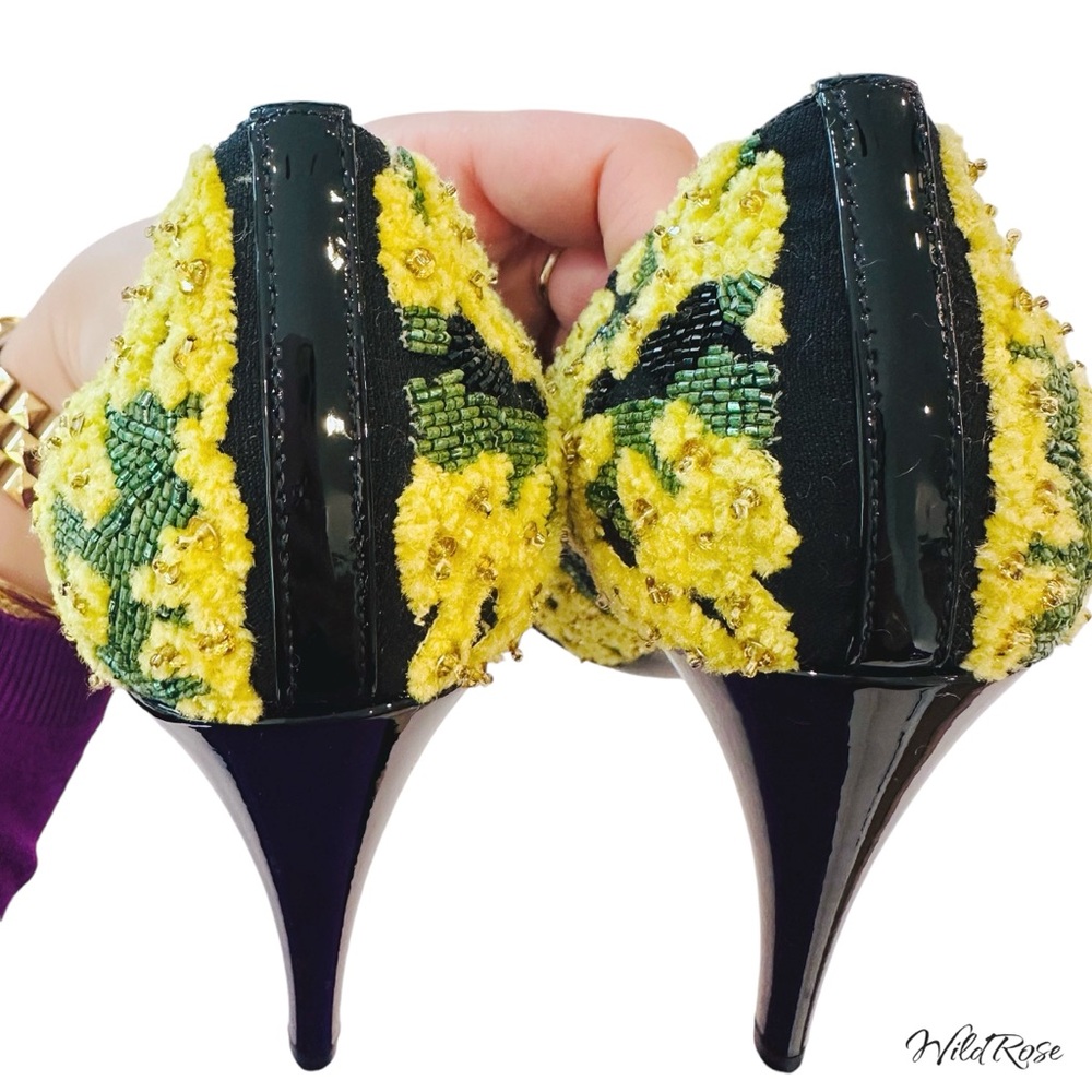 VALENTINO GARAVANI Floral Yellow Green Black Beaded & Embroidered Heels SZ 37 - Picture 12 of 17
